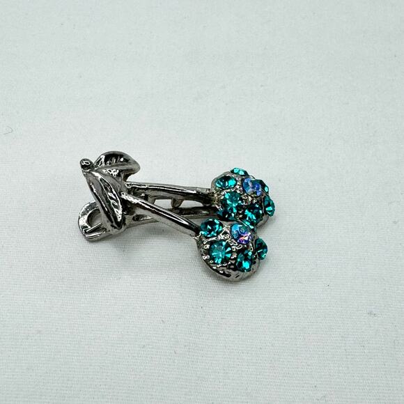 Vintage Silver Tone and Blue Rhinestone Crystal Cherries Hairclip Clip Barrette - Picture 2 of 6